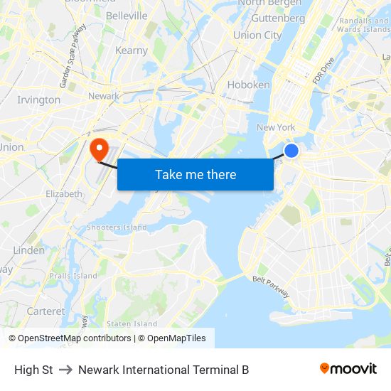 High St to Newark International Terminal B map