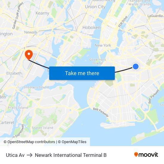 Utica Av to Newark International Terminal B map