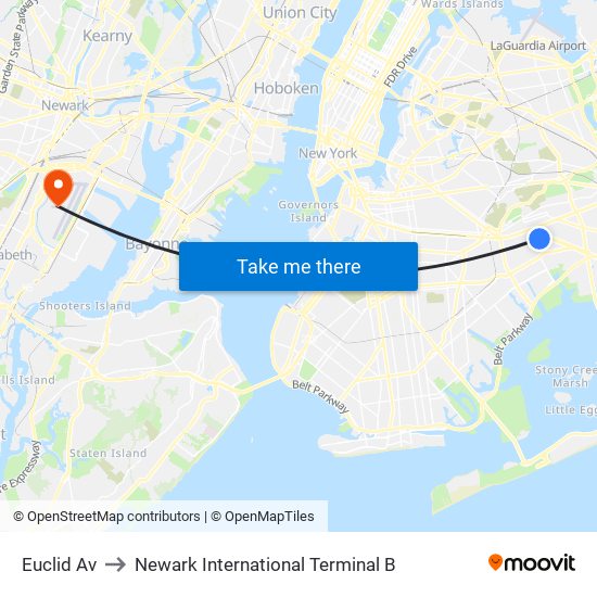 Euclid Av to Newark International Terminal B map