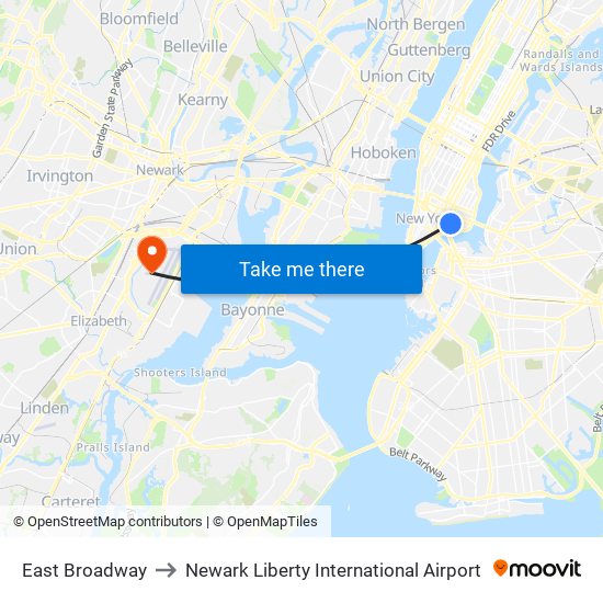 East Broadway to Newark Liberty International Airport map