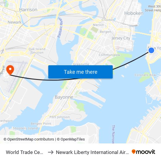 World Trade Center to Newark Liberty International Airport map