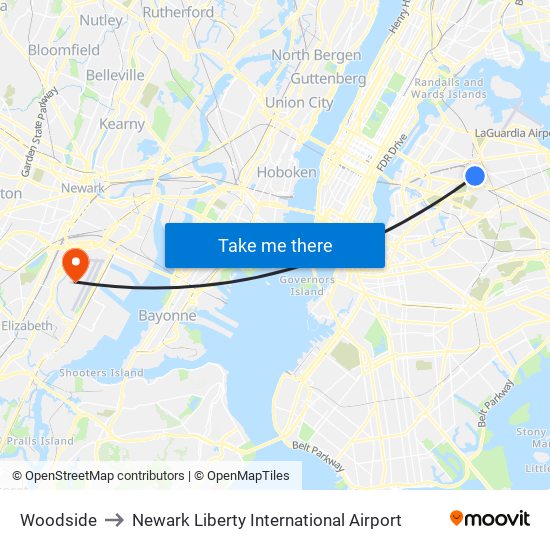 Woodside to Newark Liberty International Airport map