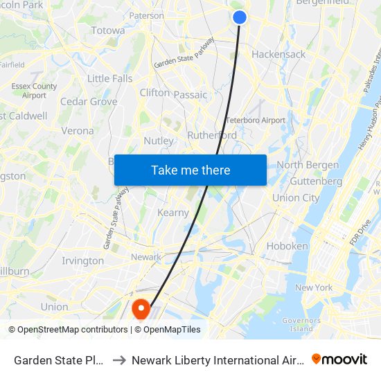 Garden State Plaza to Newark Liberty International Airport map