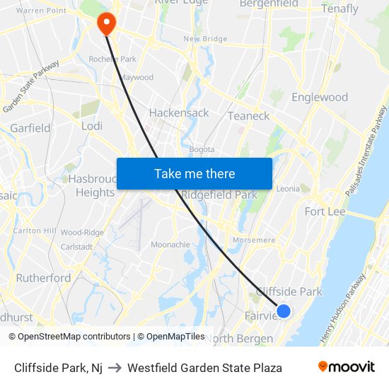 Cliffside Park, Nj to Westfield Garden State Plaza map