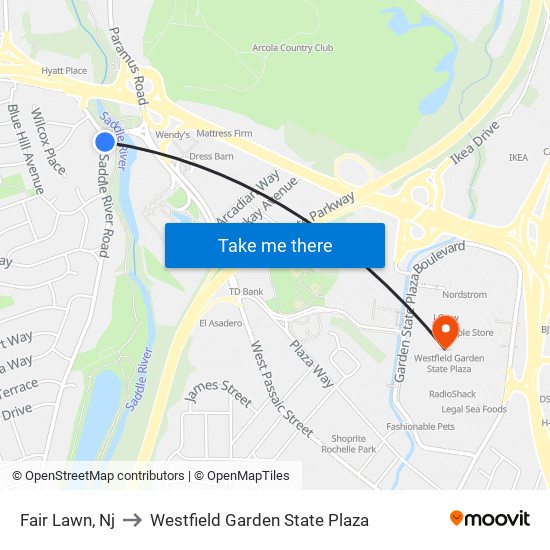 Fair Lawn, Nj to Westfield Garden State Plaza map