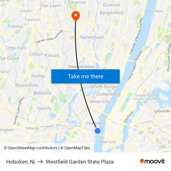 Hoboken, Nj to Westfield Garden State Plaza map