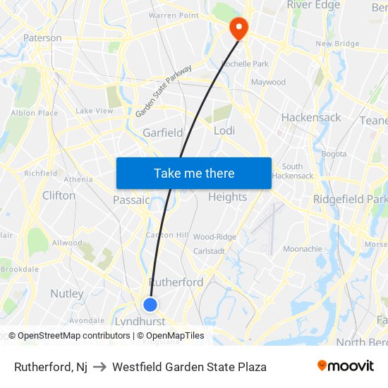 Rutherford, Nj to Westfield Garden State Plaza map