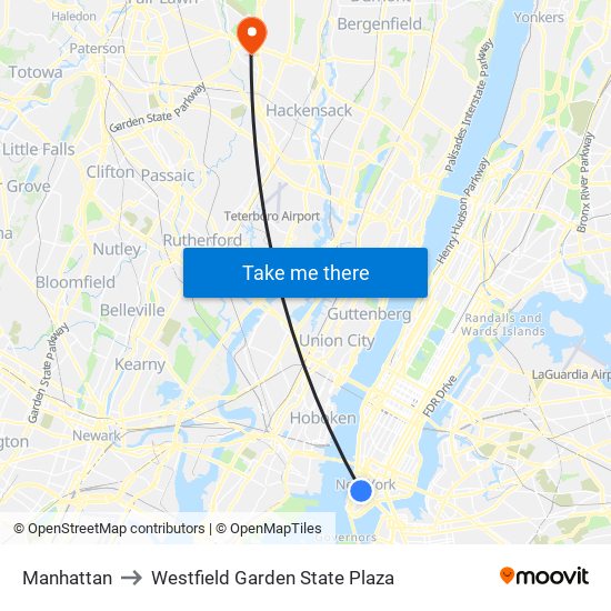 Manhattan to Westfield Garden State Plaza map