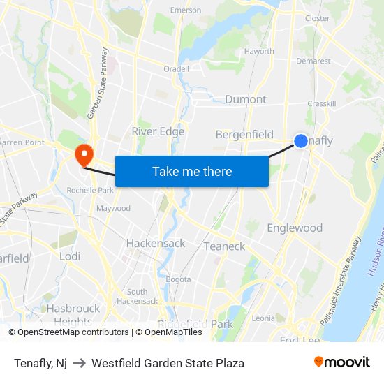 Tenafly, Nj to Westfield Garden State Plaza map