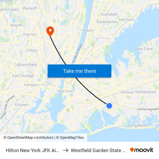 Hilton New York JFK Airport to Westfield Garden State Plaza map
