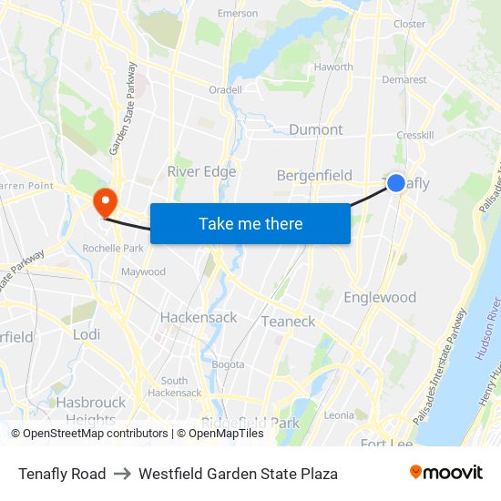 Tenafly Road to Westfield Garden State Plaza map