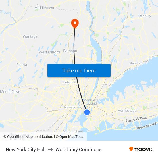 New York City Hall to Woodbury Commons map