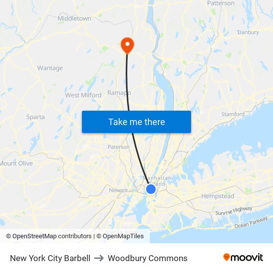 New York City Barbell to Woodbury Commons map
