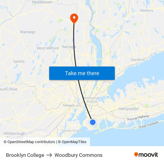 Brooklyn College to Woodbury Commons map
