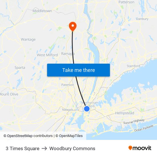 3 Times Square to Woodbury Commons map