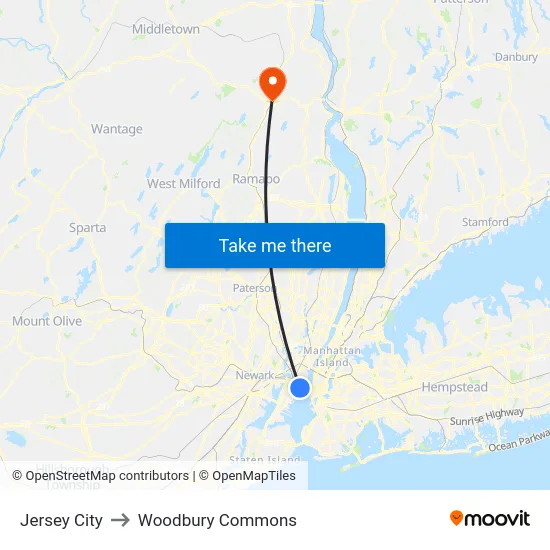 Jersey City to Woodbury Commons map