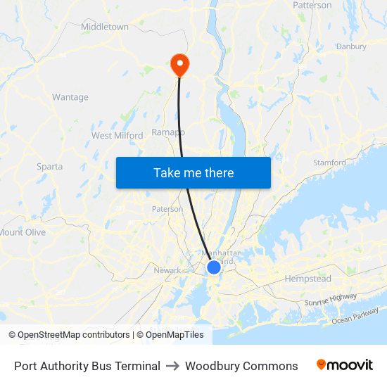 Port Authority Bus Terminal to Woodbury Commons map