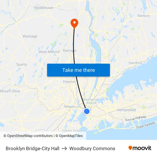 Brooklyn Bridge-City Hall to Woodbury Commons map