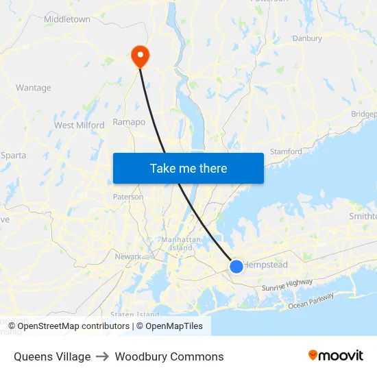 Queens Village to Woodbury Commons map