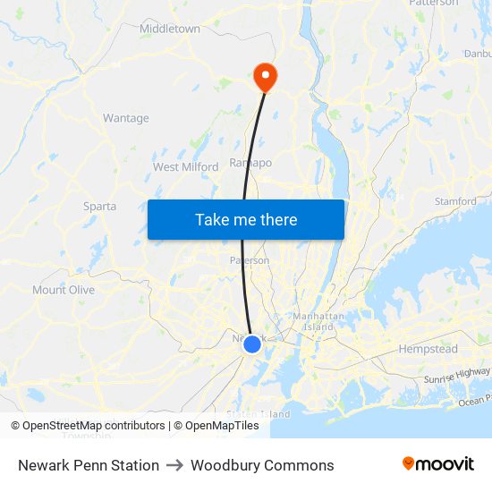 Newark Penn Station to Woodbury Commons map