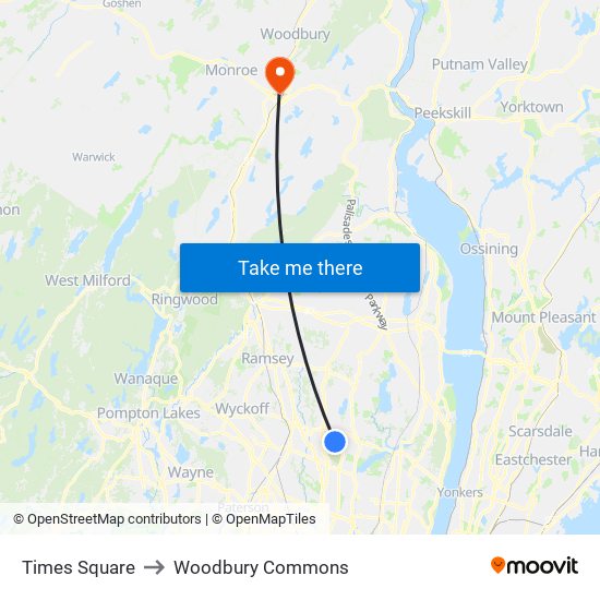 Times Square to Woodbury Commons map