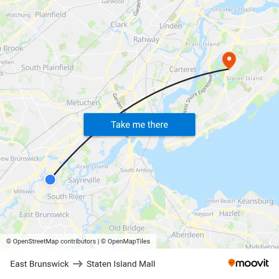 East Brunswick to Staten Island Mall map