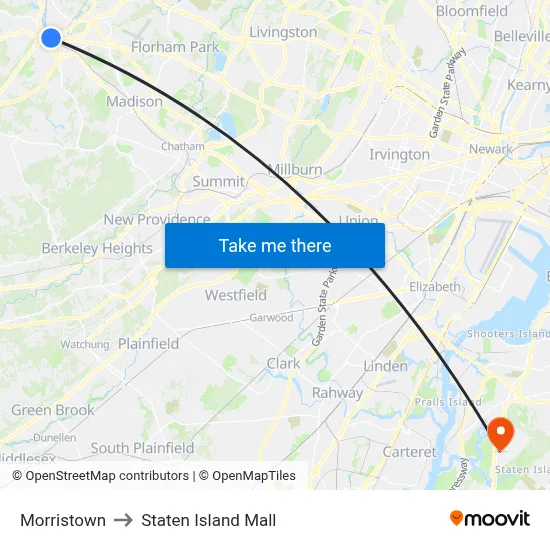 Morristown to Staten Island Mall map