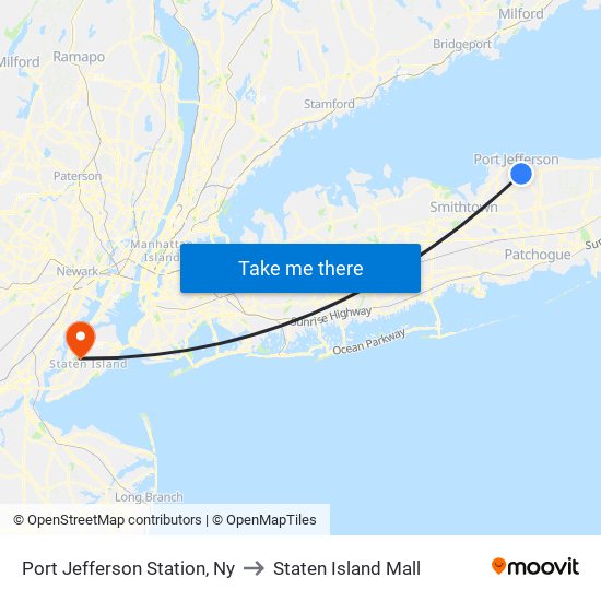 Port Jefferson Station, Ny to Staten Island Mall map