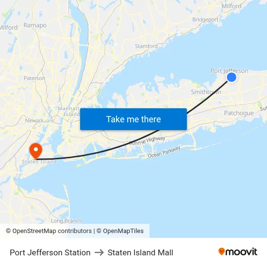 Port Jefferson Station to Staten Island Mall map