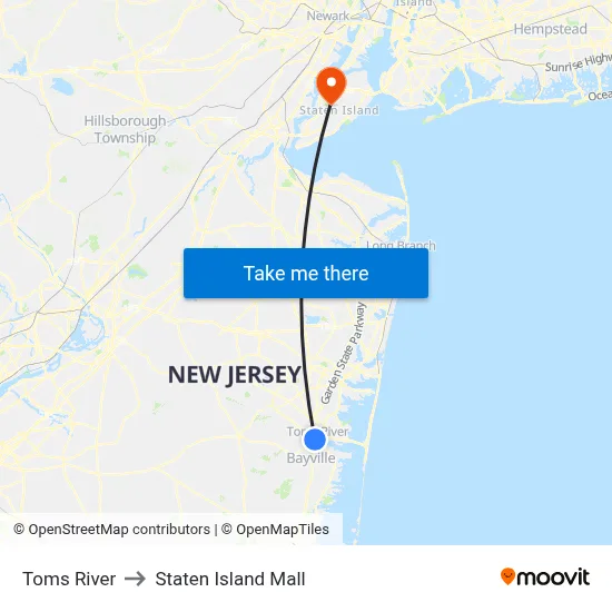 Toms River to Staten Island Mall map