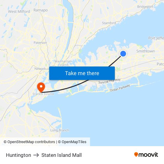 Huntington to Staten Island Mall map