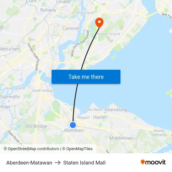 Aberdeen-Matawan to Staten Island Mall map