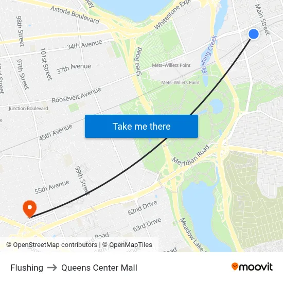 Flushing to Queens Center Mall map