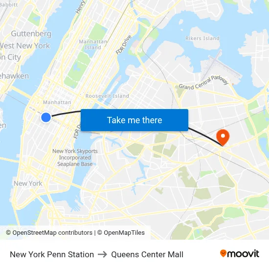 New York Penn Station to Queens Center Mall map