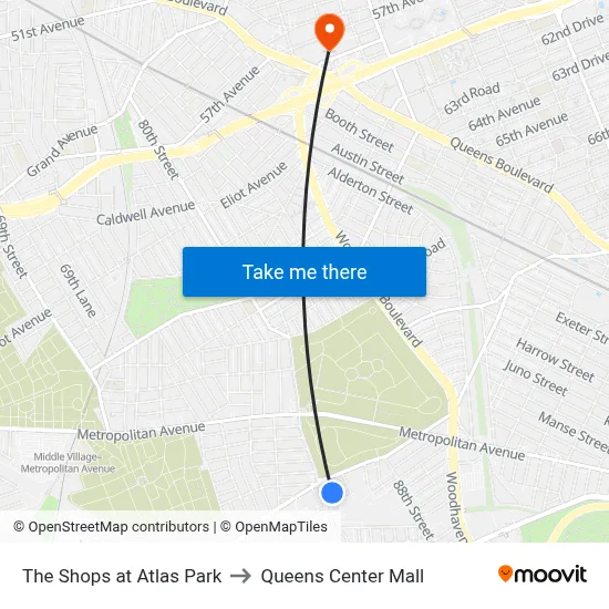 The Shops at Atlas Park to Queens Center Mall map