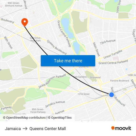 Jamaica to Queens Center Mall map