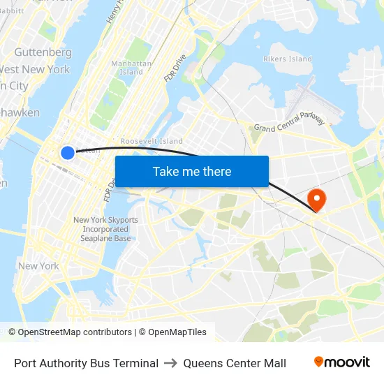 Port Authority Bus Terminal to Queens Center Mall map