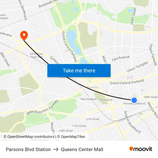 Parsons Blvd Station to Queens Center Mall map
