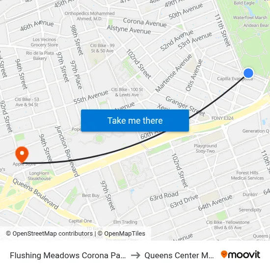 Flushing Meadows Corona Park to Queens Center Mall map