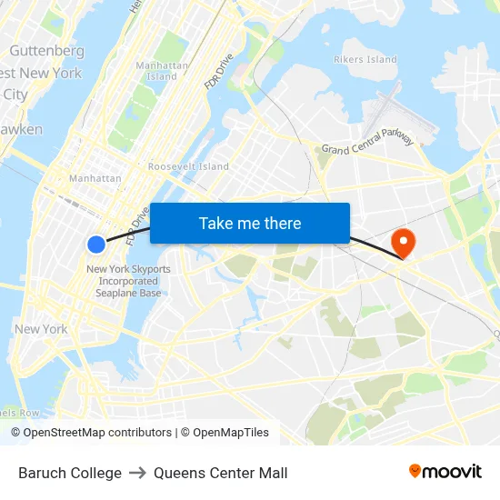 Baruch College to Queens Center Mall map