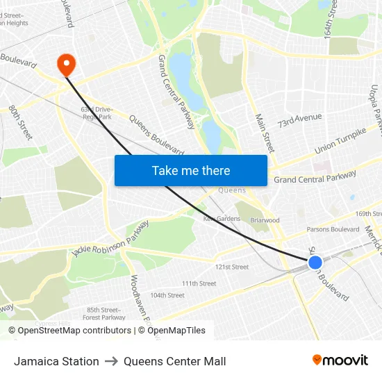 Jamaica Station to Queens Center Mall map