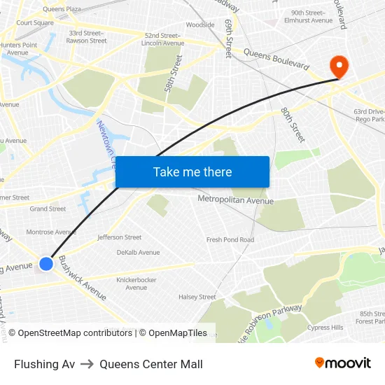 Flushing Av to Queens Center Mall map