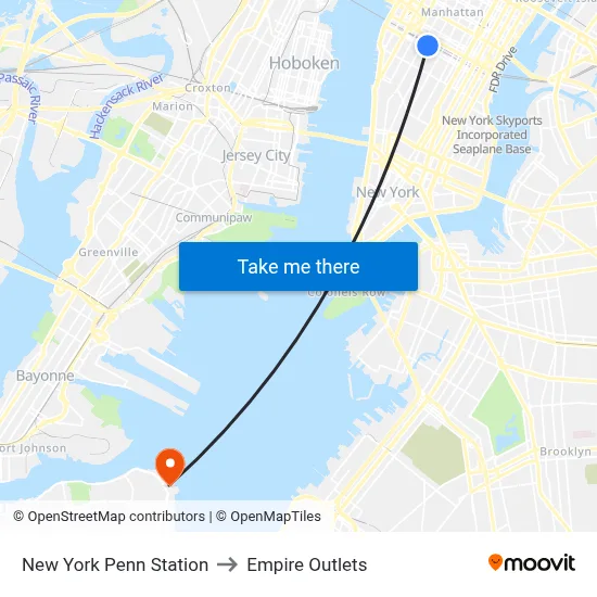 New York Penn Station to Empire Outlets map