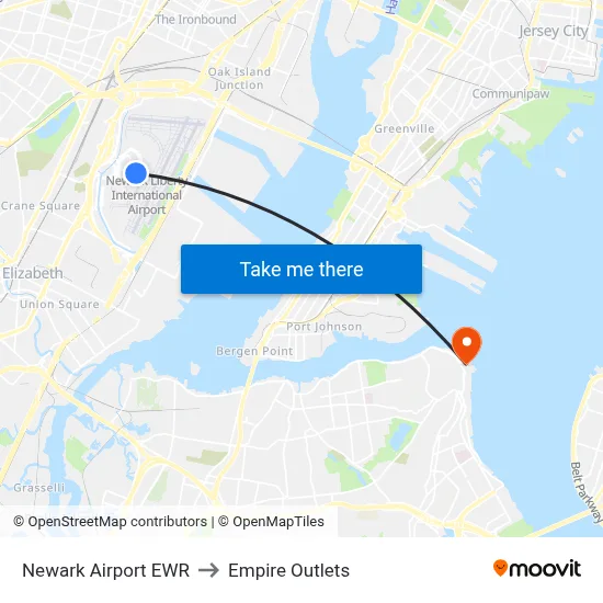 Newark Airport EWR to Empire Outlets map