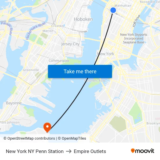 New York NY Penn Station to Empire Outlets map