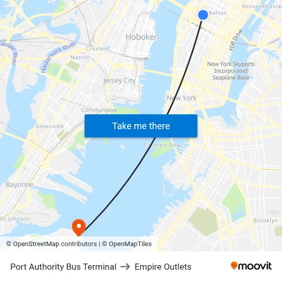 Port Authority Bus Terminal to Empire Outlets map