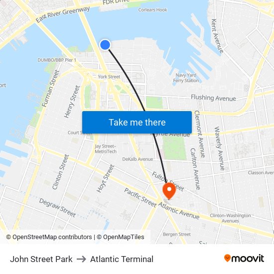 John Street Park to Atlantic Terminal map