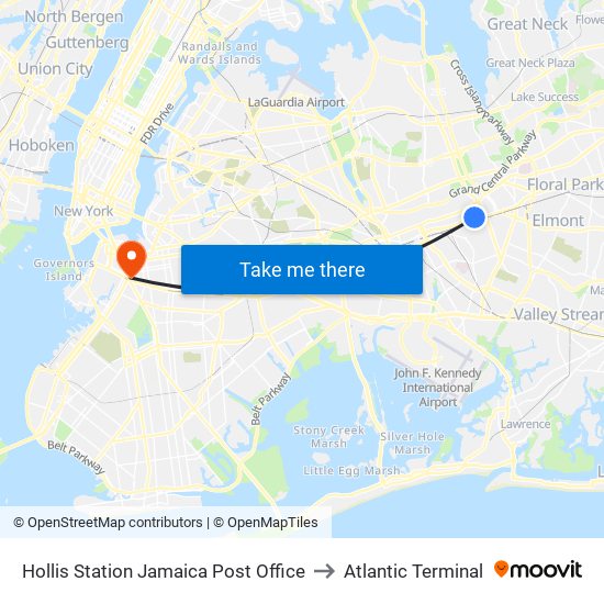 Hollis Station Jamaica Post Office to Atlantic Terminal map