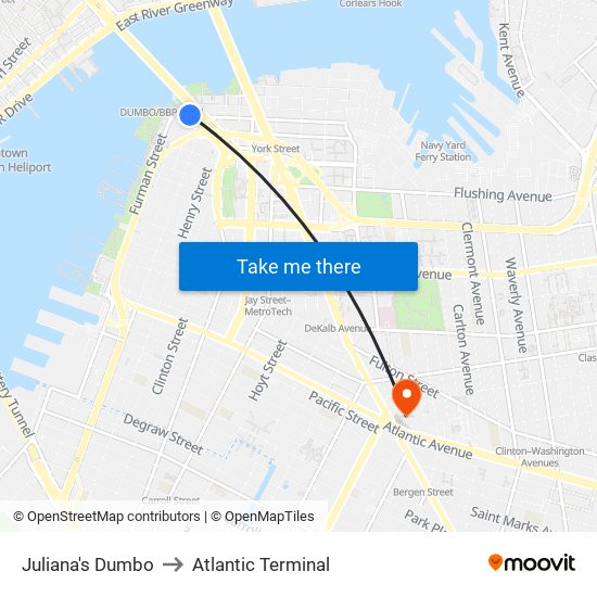 Juliana's Dumbo to Atlantic Terminal map