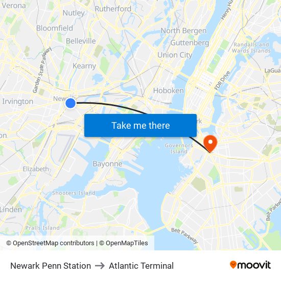 Newark Penn Station to Atlantic Terminal map